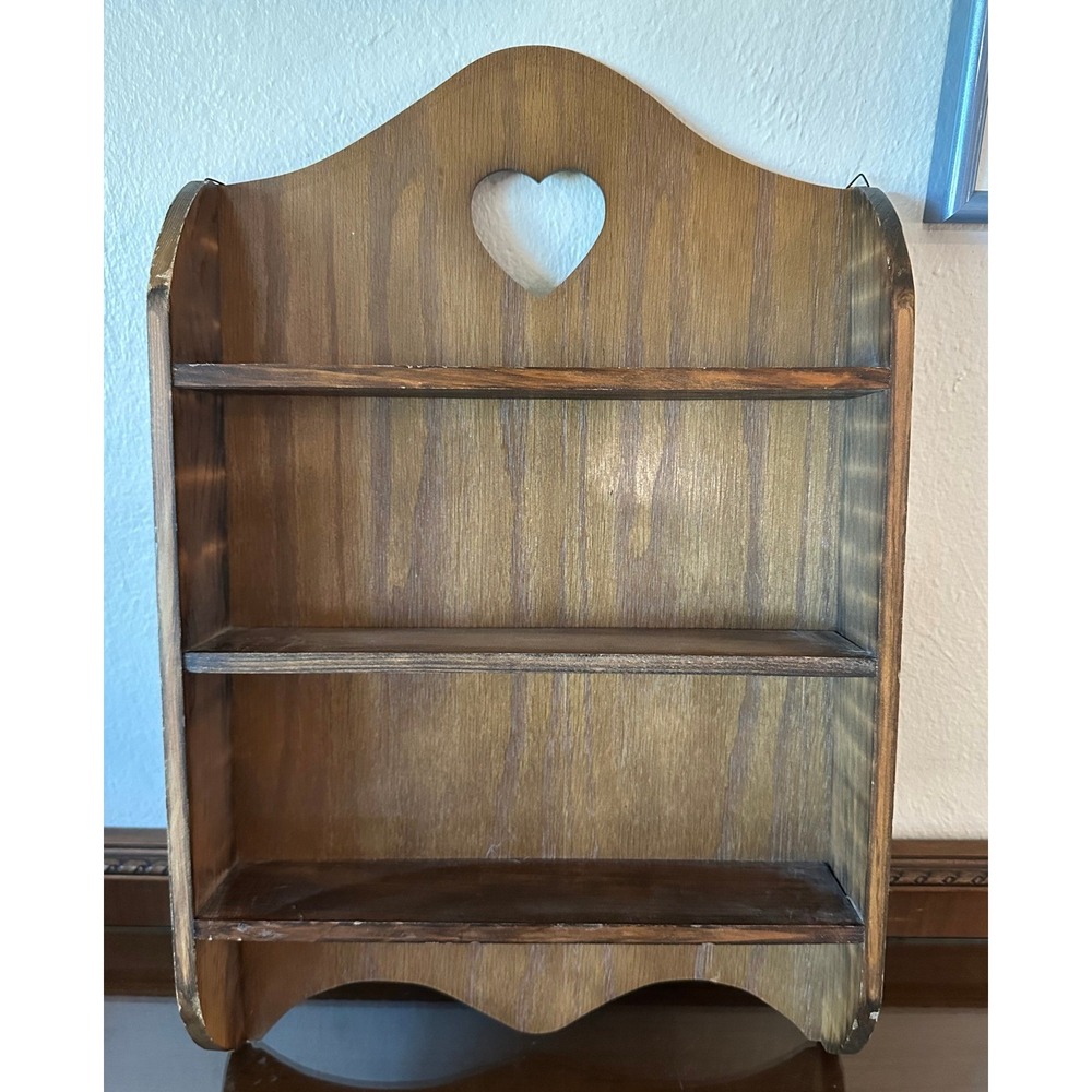 Vintage Wood Wall Shelf Heart Cutout 3 Tier Scalloped Trinket Display Rack 21x13